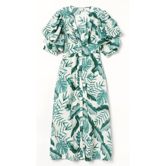H&M Johanna Ortiz White Green Palm Leaf Print Linen Blend Cottage Midi Dress MD - Picture 1 of 15